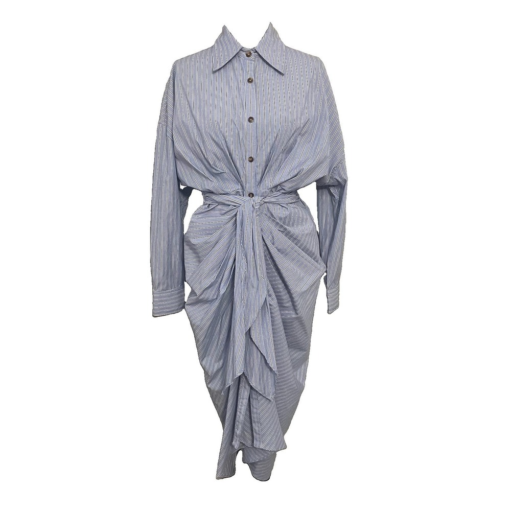 MABLE Sz M Blue/Multi Striped Midi Shirt Dress Front Tie Long Sleeve Coastal - Picture 1 of 15